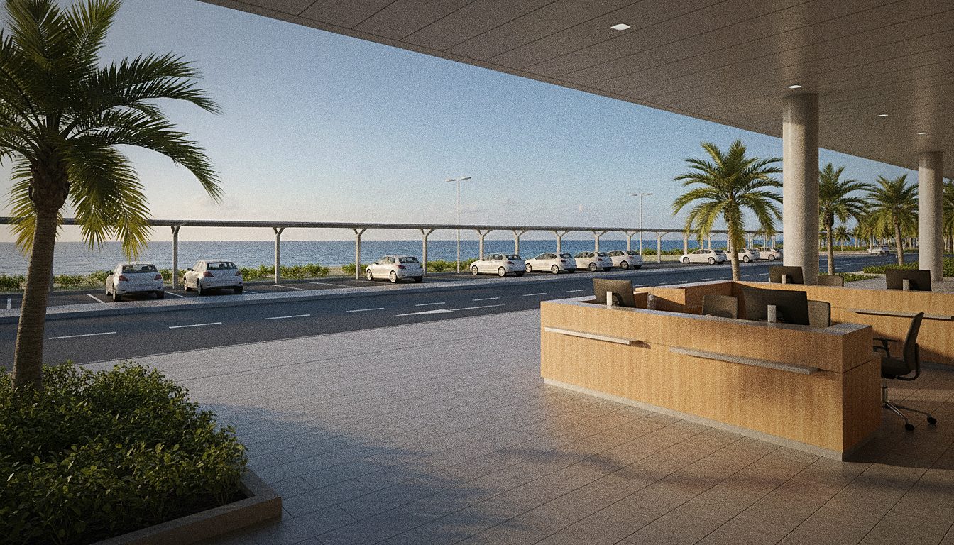 Comptoir de location de voiture à la sortie d'un terminal aéroportuaire