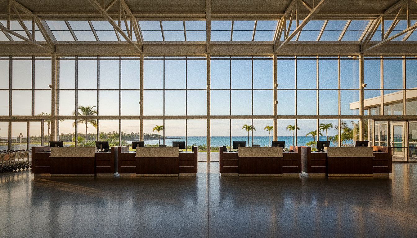 Comptoir de location de voiture d'une marque internationale dans un hall d'arrivées d'aéroport
